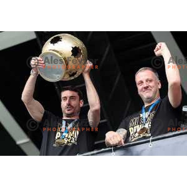 Players of Olimpija and fans celebrate title of Prva Liga Telemach 2022-2023 in SRC Stozice, Ljubljana, Slovenia on May 20, 2023