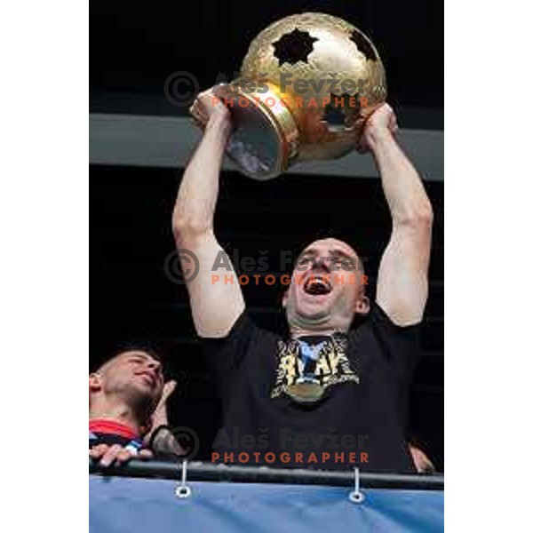 Players of Olimpija and fans celebrate title of Prva Liga Telemach 2022-2023 in SRC Stozice, Ljubljana, Slovenia on May 20, 2023