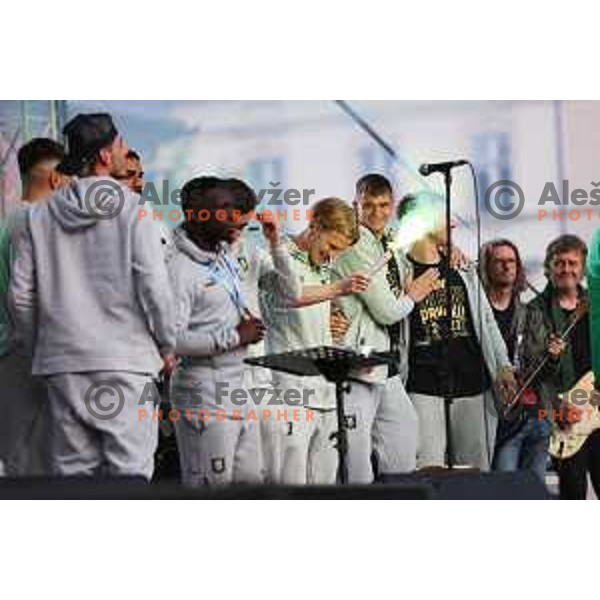 Justas Lasickas and Pascal Juan Astrada during championship celebration of Olimpija in Kongresni trg, Ljubljana, Slovenia on May 20, 2023. Foto: Filip Barbalic
