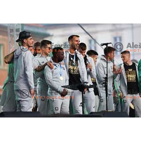 Aldair Djalo and Mustafa Nukic during championship celebration of Olimpija in Kongresni trg, Ljubljana, Slovenia on May 20, 2023. Foto: Filip Barbalic