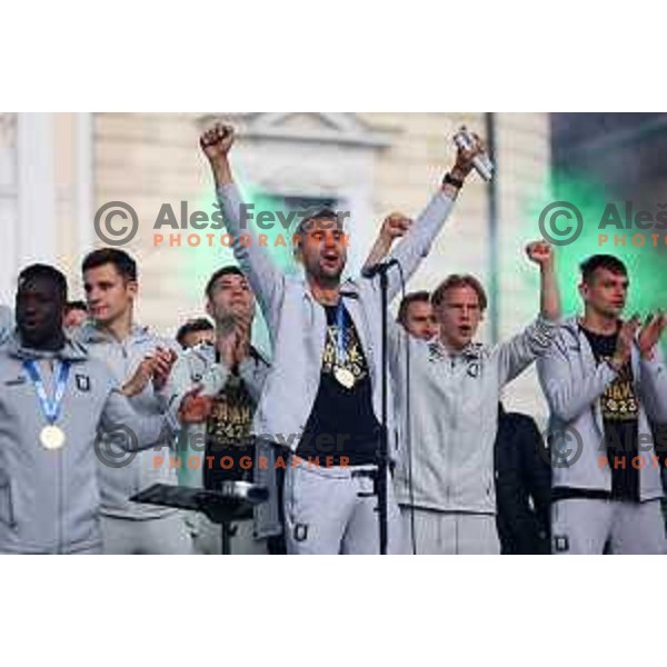 Mustafa Nukic during championship celebration of Olimpija in Kongresni trg, Ljubljana, Slovenia on May 20, 2023. Foto: Filip Barbalic