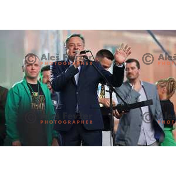 Mayor of Ljubljana Zoran Jankovic during championship celebration of Olimpija in Kongresni trg, Ljubljana, Slovenia on May 20, 2023. Foto: Filip Barbalic