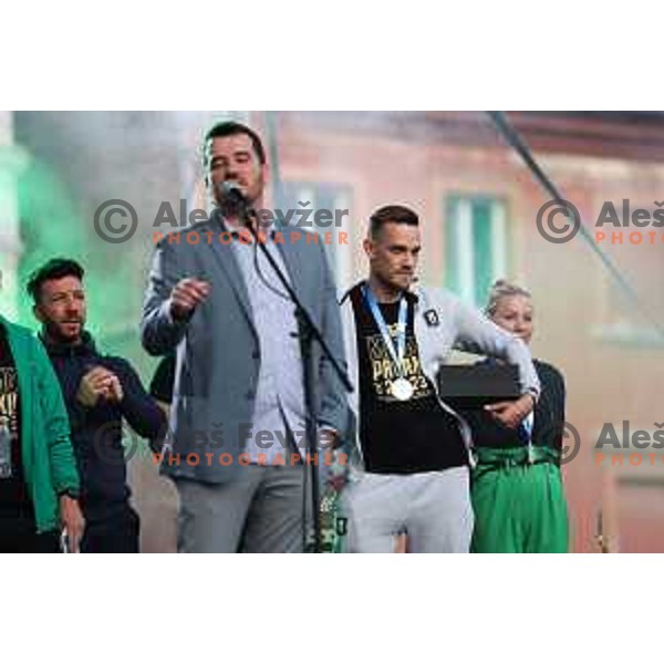 Director Igor Barisic and Timi Max Elsnik during championship celebration of Olimpija in Kongresni trg, Ljubljana, Slovenia on May 20, 2023. Foto: Filip Barbalic