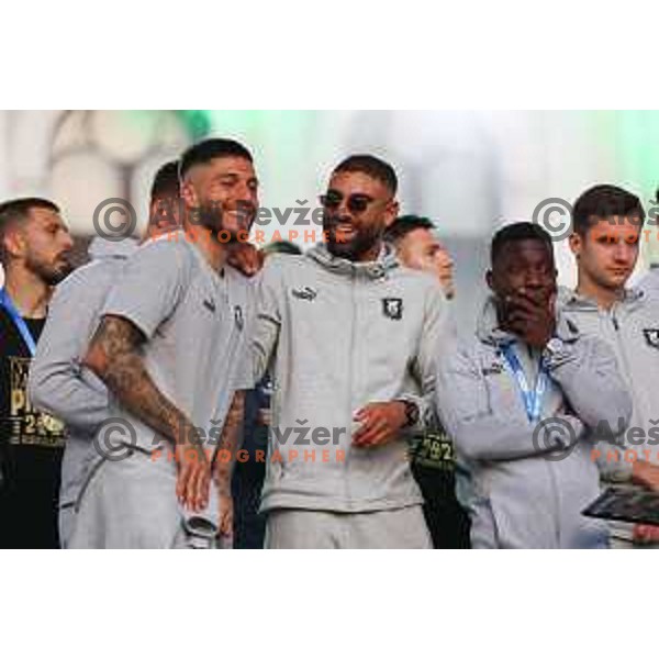 Rui Pedro, David Sualehe and Aldair Djalo during championship celebration of Olimpija in Kongresni trg, Ljubljana, Slovenia on May 20, 2023. Foto: Filip Barbalic
