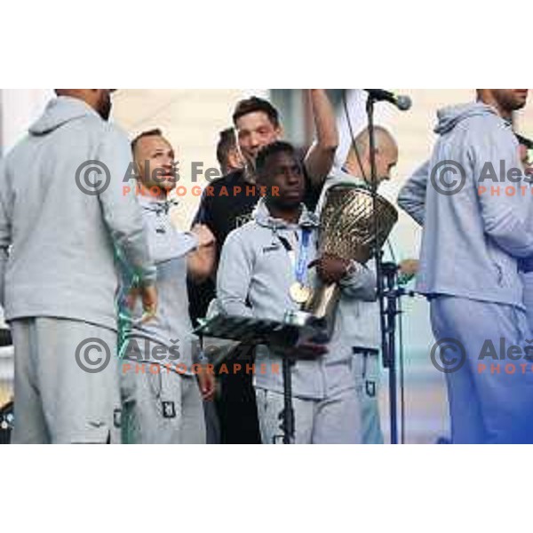 Aldair Djalo during championship celebration of Olimpija in Kongresni trg, Ljubljana, Slovenia on May 20, 2023. Foto: Filip Barbalic