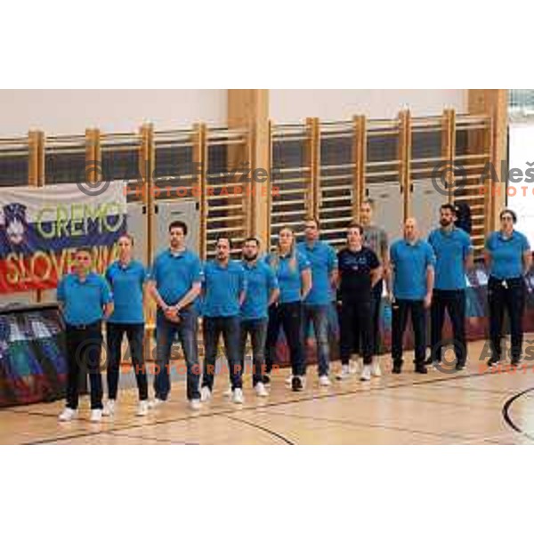 Georgios Dikaioulakos, head coach of Slovenia during a friendly basketball match on Rakete Tour between Slovenia and Croatia in Menges, Slovenia on May 24, 2023