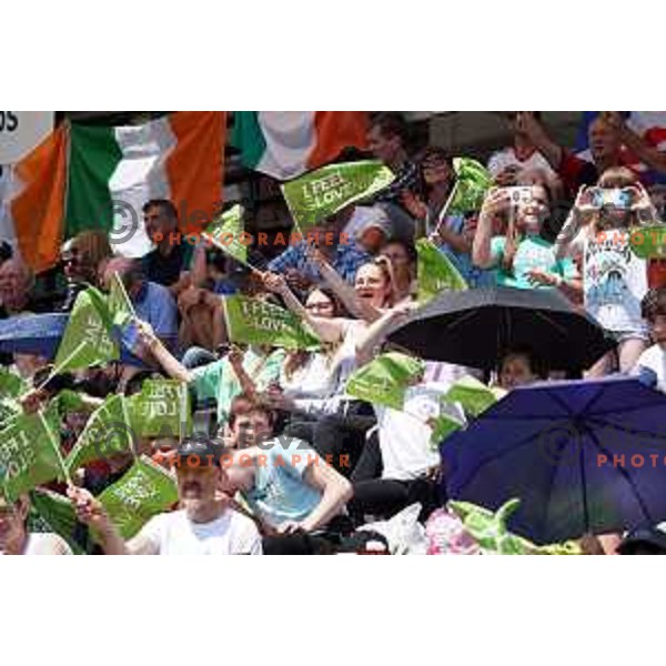 Fans cheering at grandstand during qualifications at European Rowing Championships 2023, Bled, Slovenia on May 25, 2023 