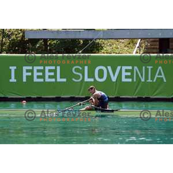 Filip-Matej Pfeifer (SLO) competes in qualification heat of Men\'s Single Sculls at European Rowing Championships 2023, Bled, Slovenia on May 25, 2023 