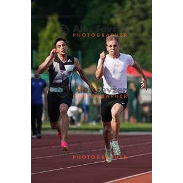 Anej Curin Prapotnik runs at 100 meters at International Track and Field Meeting in Slovenska Bistrica, Slovenia on May 27, 2023