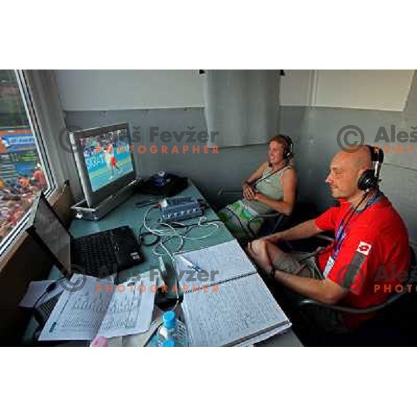 Maja Matevzic and Bostjan Ogris in TV Slovenija commentary box at SRC Marina during final of Banka Koper Slovenia Open WTA tennis tournament, Portoroz, 27.7.2008. Errani (ITA) won 6:3, 6:3 in 98 minutes over Garrigues (ESP) Photo by Ales Fevzer 