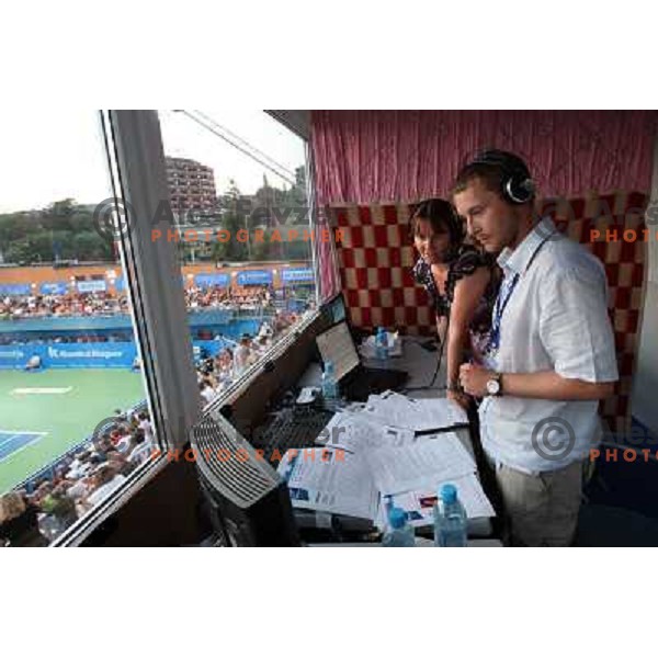 Tina Krizan and Primoz Podsedensek in commentary box of Sport TV at SRC Marina during final of Banka Koper Slovenia Open WTA tennis tournament, Portoroz, 27.7.2008. Errani (ITA) won 6:3, 6:3 in 98 minutes over Garrigues (ESP) Photo by Ales Fevzer 