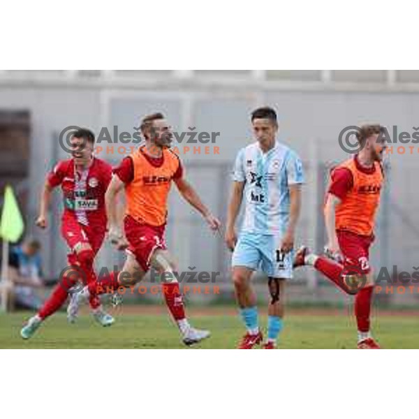 Players of Aluminij celebrate victory at Prva Liga Telemach play-off football match between Gorica and Aluminij in Nova Gorica on May 28, 2023