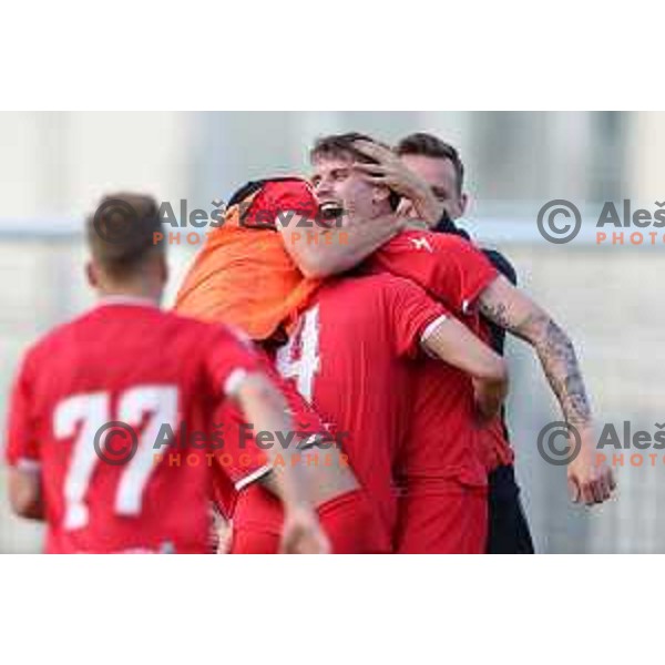 Players of Aluminij celebrate victory at Prva Liga Telemach play-off football match between Gorica and Aluminij in Nova Gorica on May 28, 2023