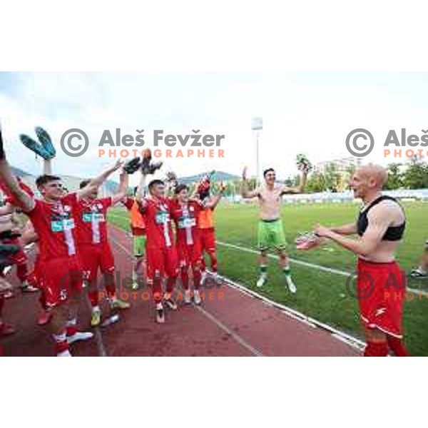 Players of Aluminij celebrate victory at Prva Liga Telemach play-off football match between Gorica and Aluminij in Nova Gorica on May 28, 2023