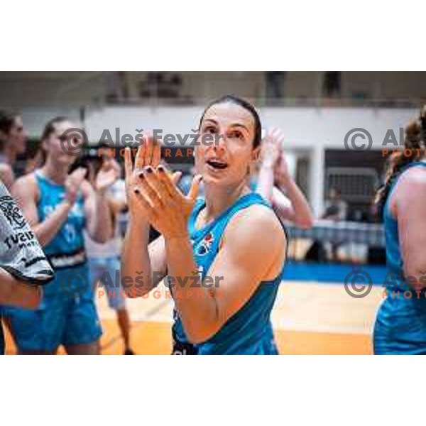Teja Oblak celebrating during friendly basketball match on Rakete Tour between Slovenia and Poland in Dvorana Tabor, Maribor, Slovenia on May 29, 2023. Photo: Jure Banfi