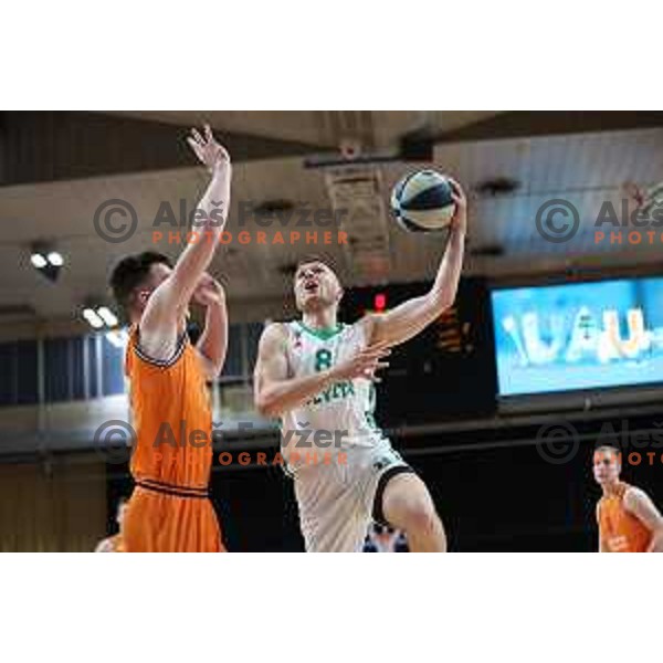 in action during the fourth game of The Final of Nova KBM league between Cedevita Olimpija and Helios Suns in Hala Tivoli, Ljubljana, Slovenia on June 10, 2023