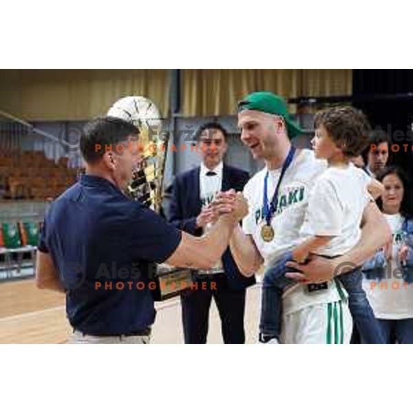 Players of Cedevita Olimpija celebrate the Title of Nova KBM league after beating Helios Suns in the Final in Hala Tivoli, Ljubljana, Slovenia on June 10, 2023