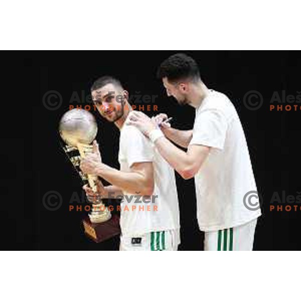 of Cedevita Olimpija celebrate the Title of Nova KBM league after beating Helios Suns in the Final in Hala Tivoli, Ljubljana, Slovenia on June 10, 2023. Foto: Filip Barbalic