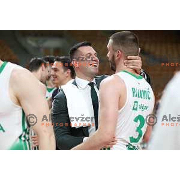 Sani Becirovic and Rok Radovic of Cedevita Olimpija celebrate the Title of Nova KBM league after beating Helios Suns in the Final in Hala Tivoli, Ljubljana, Slovenia on June 10, 2023. Foto: Filip Barbalic