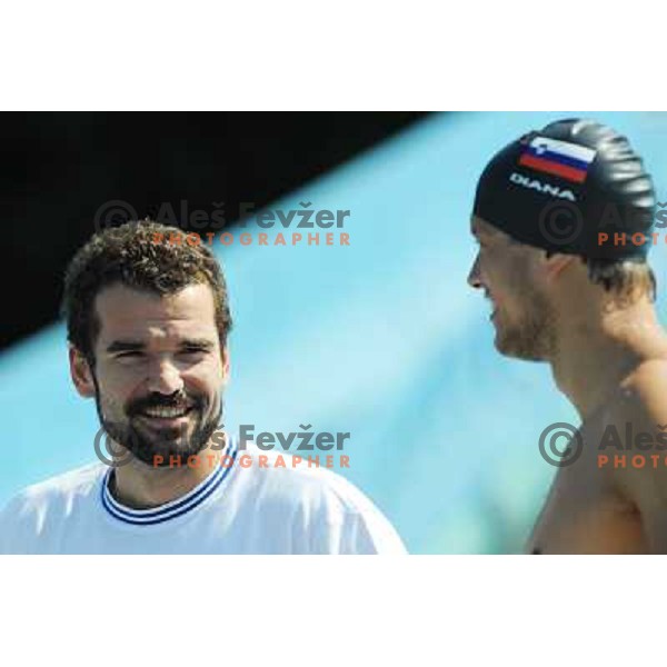 Peter Mankoc and Matjaz Markic ,members of the slovenian Olympic swimming team, at team practice session , Kodeljevo, Ljubljana , 28.07.2008 