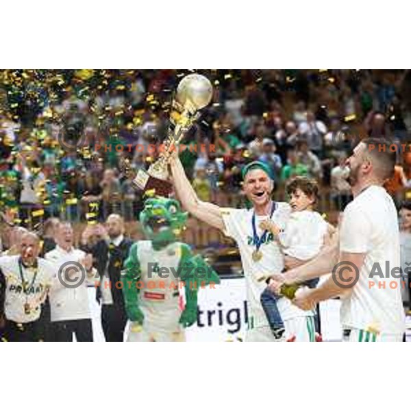 Edo Muric of Cedevita Olimpija celebrates the Title of Nova KBM league after beating Helios Suns in the Final in Hala Tivoli, Ljubljana, Slovenia on June 10, 2023. Foto: Filip Barbalic