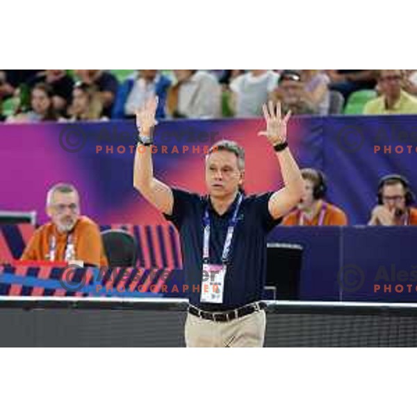 Georgios Dikaioulakos, head coach of Slovenia in action during the Women’s Eurobasket 2023 Preliminary round match between Great Britain and Slovenia in Ljubljana, Slovenia on June 15, 2023