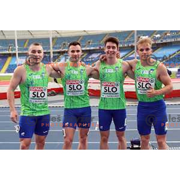 Jernej Gumilar, Matevz Sustarsic, Andrej Skocir, Anej Curin Prapotnik (SLO), members of 4x100 meters Men’s Relay at Athletics European Team Championships in Katowice during European Games in Poland on June 21, 2023