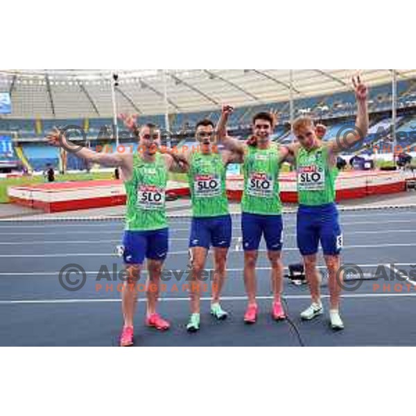 Jernej Gumilar, Matevz Sustarsic, Andrej Skocir, Anej Curin Prapotnik (SLO), members of 4x100 meters Men’s Relay at Athletics European Team Championships in Katowice during European Games in Poland on June 21, 2023