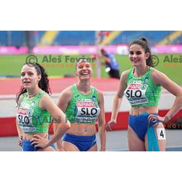Lucija Potnik, Joni Tomicic Prezelj and Lina Hribar (SLO), members of 4x100 meters Women’s Relay at Athletics European Team Championships in Katowice during European Games in Poland on June 21, 2023 