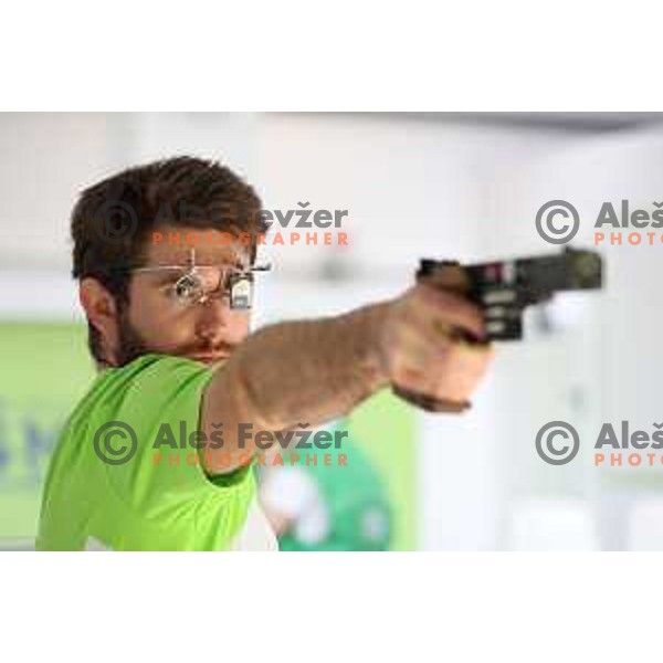 Joze Ceper (SLO) during practice session at shooting range at European Games in Wroclaw, Poland on June 23, 2023