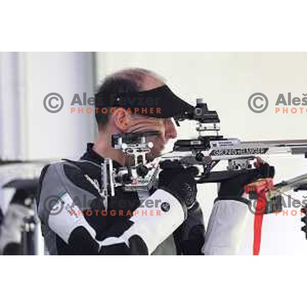 Robert Markoja (SLO) during practice session at shooting range at European Games in Wroclaw, Poland on June 23, 2023