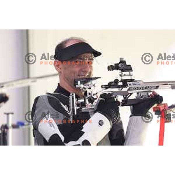 Robert Markoja (SLO) during practice session at shooting range at European Games in Wroclaw, Poland on June 23, 2023