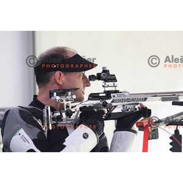 Robert Markoja (SLO) during practice session at shooting range at European Games in Wroclaw, Poland on June 23, 2023