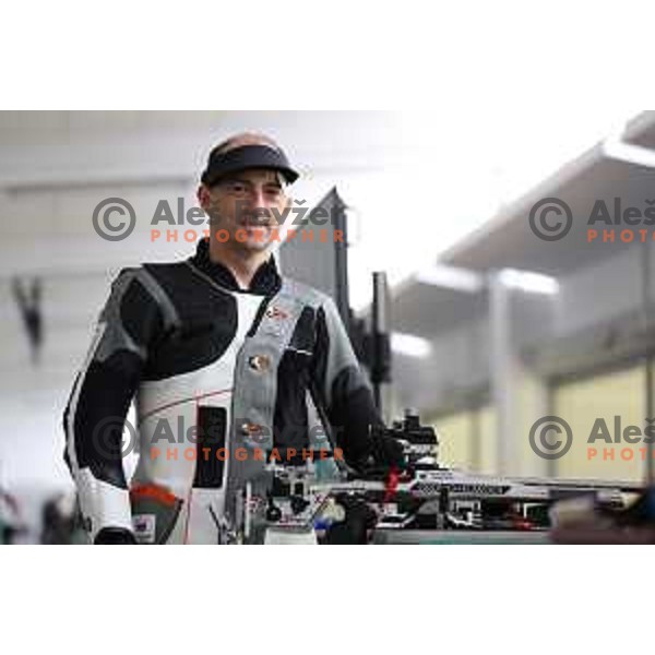 Robert Markoja (SLO) during practice session at shooting range at European Games in Wroclaw, Poland on June 23, 2023