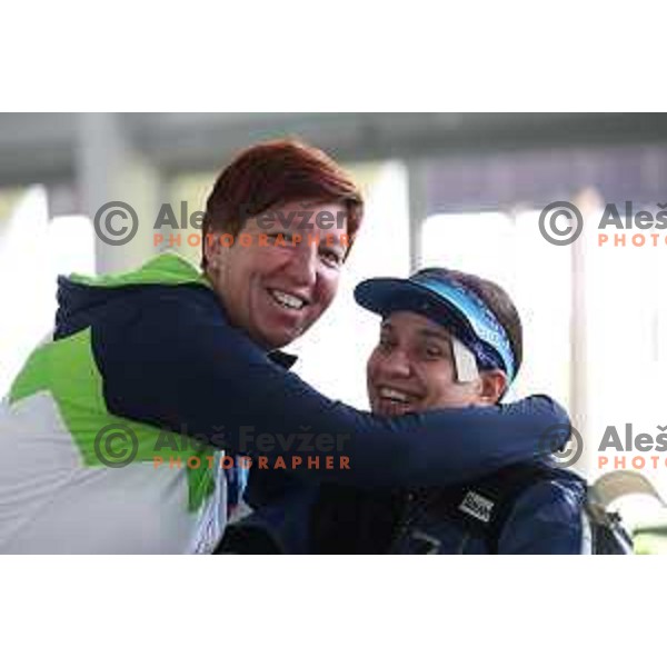 Coach Andreja Vlah and Urska Kuharic (SLO) during practice session at shooting range at European Games in Wroclaw, Poland on June 23, 2023