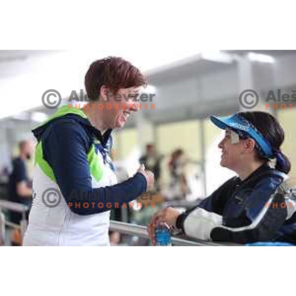 Coach Andreja Vlah and Urska Kuharic (SLO) during practice session at shooting range at European Games in Wroclaw, Poland on June 23, 2023