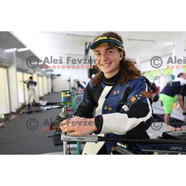 Klavdija Jerovsek (SLO) during practice session at shooting range at European Games in Wroclaw, Poland on June 23, 2023