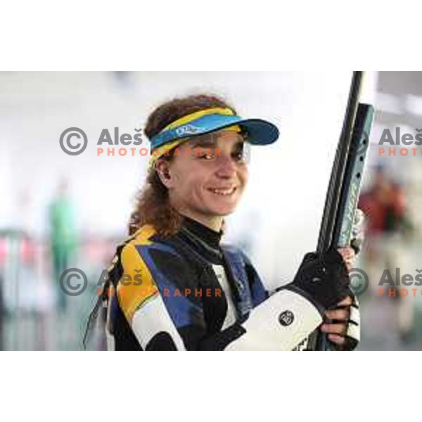 Klavdija Jerovsek (SLO) during practice session at shooting range at European Games in Wroclaw, Poland on June 23, 2023