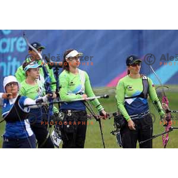 Zana Pintaric, Urska Cavic, Ana Umer of Slovenia Archery team during Women’s Recurve Team Quarterfinal at European Games in Krakow, Poland on June 24, 2023