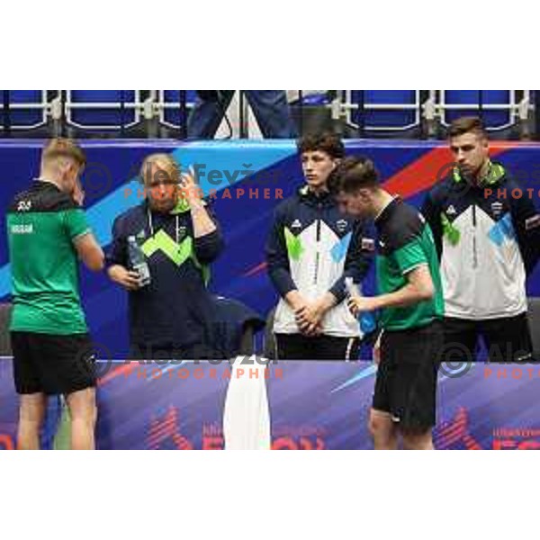 Peter Hribar, Deni Kozul (SLO), head coach Andreja Ojstersek and Darko Jorgic during Table Tennis team competition round of 16 during European Games in Krakow, Poland on June 28, 2023 