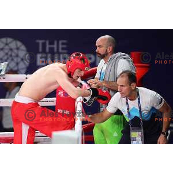 Luka Cengija (SLO, red) competes in Kickboxing - Men\'s Full Contact -75 kg at European Games 2023, Myslenice, Poland on June 30, 2023