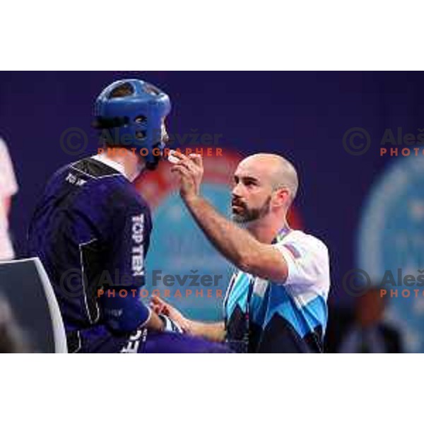 Ali Botonjic (SLO, blue) competes in Kickboxing - Men’s Point Fighting -74 kg at European Games 2023, Myslenice, Poland on June 30, 2023