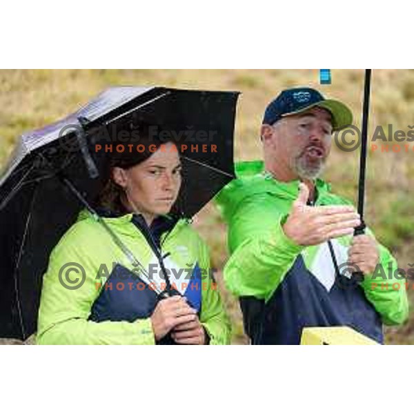 Eva Tercelj and coach Jernej Abramic inspect the course before Canoe Slalom semi-final in Women’s Kayak K-1 in Kolna Sports Centre, Krakow during European Games 2023, Poland on July 1, 2023