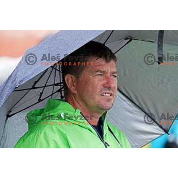 coach Simon Hocevar inspects the course before Canoe Slalom semi-final in Women’s Kayak K-1 in Kolna Sports Centre, Krakow during European Games 2023, Poland on July 1, 2023