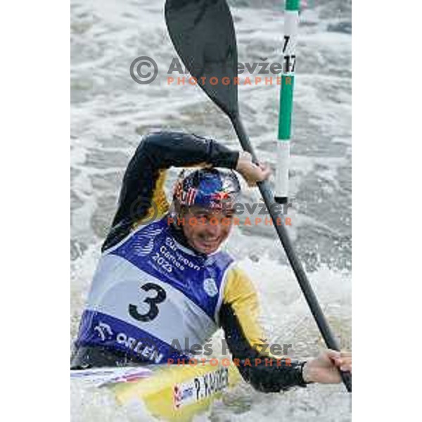 Peter Kauzer (SLO) competes in Canoe Slalom semi-final in Men’s Kayak K-1 in Kolna Sports Centre, Krakow during European Games 2023, Poland on July 1, 2023