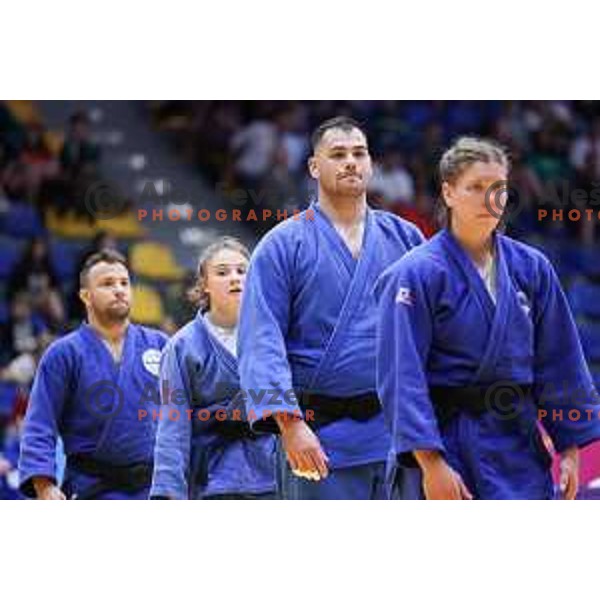 Urska Torkar, Vito Dragic, Ana Skrabl and Adrian Gomboc (SLO) compete in Mixed Team Elimination Round of 16 in Judo at European Games in Krakow, Poland on July 1, 2023. Foto: Filip Barbalic