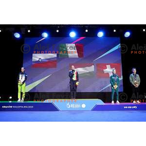 Silver medalist Tyra Barada (SLO) during medal ceremony of Women\'s Point Fighting -50kg in Kickboxing at European Games in Myslenice, Poland on July 2, 2023. Foto: Filip Barbalic