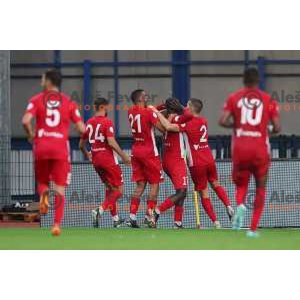 Players of Balzan celebrate goal during the UEFA Conference League Qualification match between Domzale (SLO) and Balzan (MLT) in Domzale, Slovenia on July 13, 2023