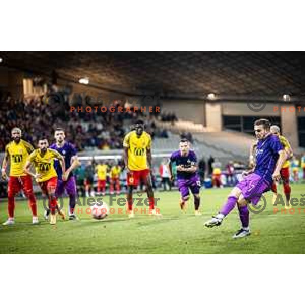 Ivan Brnic penalty kick during UEFA Europa Conference League qualifications football match between Maribor and Birkirkara in Ljudski vrt, Maribor, Slovenia on July 13, 2023. Photo: Jure Banfi