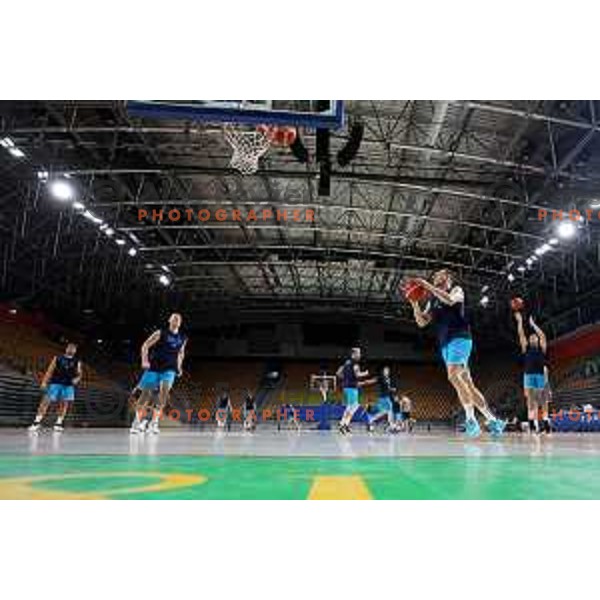 Jakob Cebasek, Gregor Hrovat and Klemen Prepelic of Slovenia National Basketball team during a practice session in Arena Zlatorog in Celje on July 18, 2023